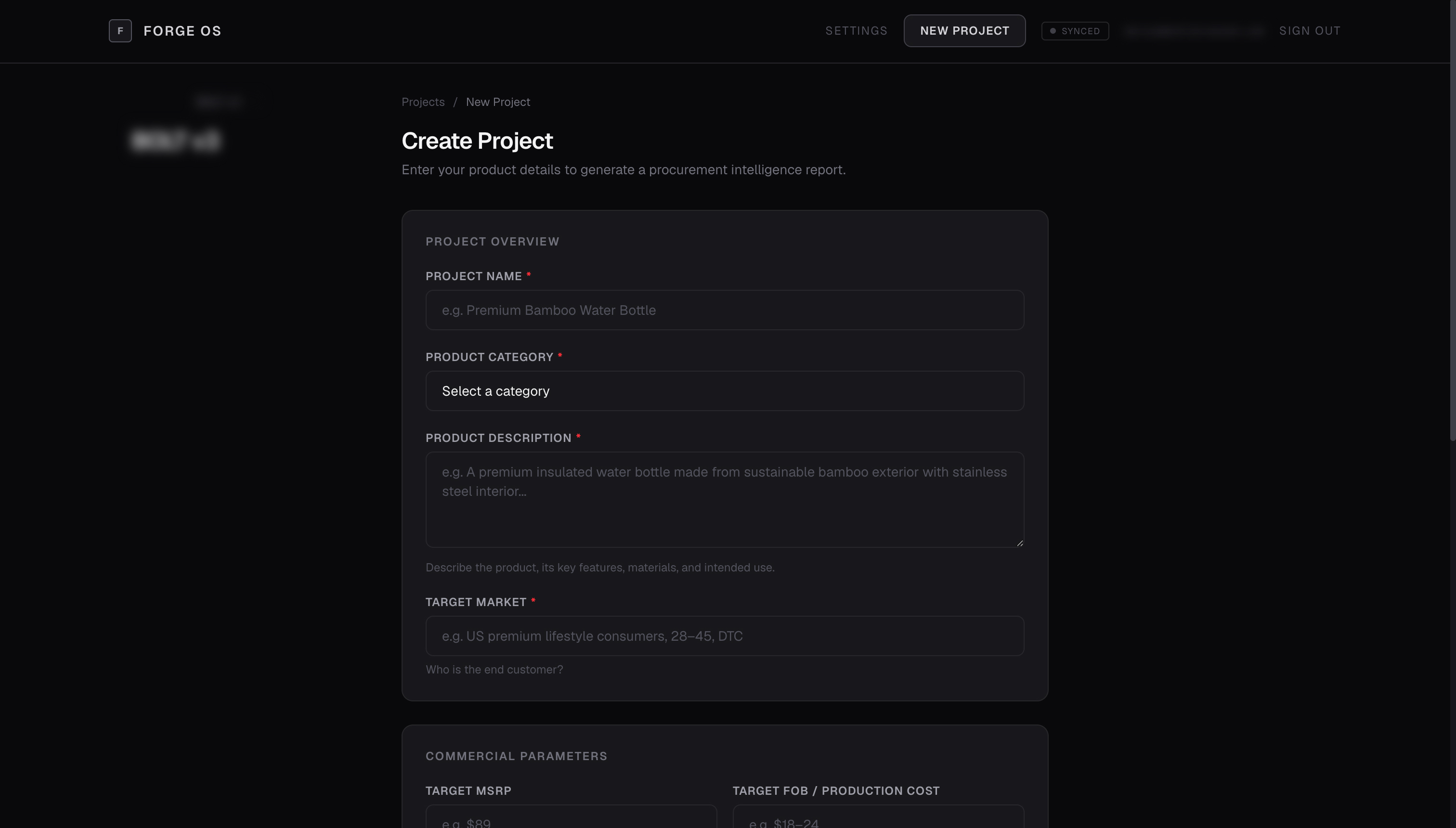 FORGE OS — Create Project interface
