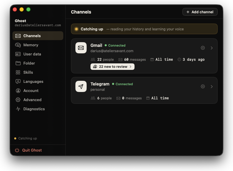 GHOST — connected channels and backfill state