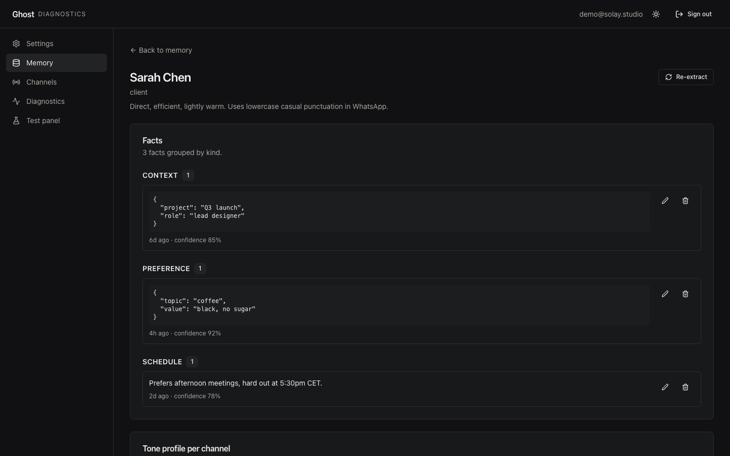 GHOST — relationship memory, tone profile and stored facts